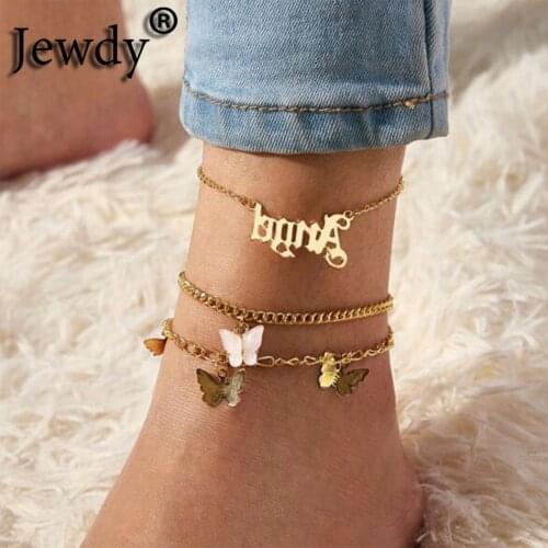 Multi Layer Butterfly Charm Anklet for Women 3pcs/Set Silver Color Letter Angel Name Bracelet Leg Jewelry Accessories Gift 2020