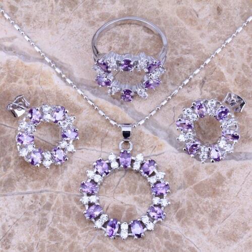 Candy Purple Cubic Zirconia White CZ Silver Plated Jewelry Sets Earrings Pendant Ring Size 6 / 7 / 8 / 9 / 10 S0142