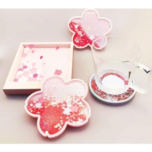 Non-Slip Sakura Coffee Cup PVC Coaster Home Tea Coaster Glitter Quicksand Coaster For Drink Sakura Cup Coaster Insulation Placem