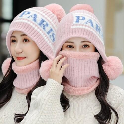 New Women Letter Hedging Winter Hats Add High Quality Fur Lined Warm Lambswool Knitted Hat For Female Keep Warmer Cap Pompom