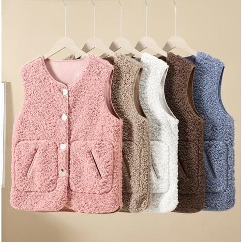 Single Breasted Sleeveless Womans Vest Jacket Female Plus Size V-Neck Lambswool Waistcoat Soft Casual Ladies Vest with Pockets