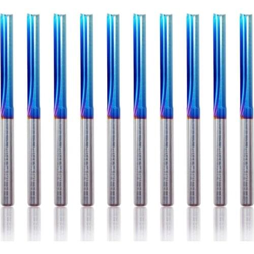 10Pcs 3.175 Shank Blue Coated Straight End Mill 2 Flute Carbide Milling Cutter for Wood MDF Plastic CNC Engraving Bit