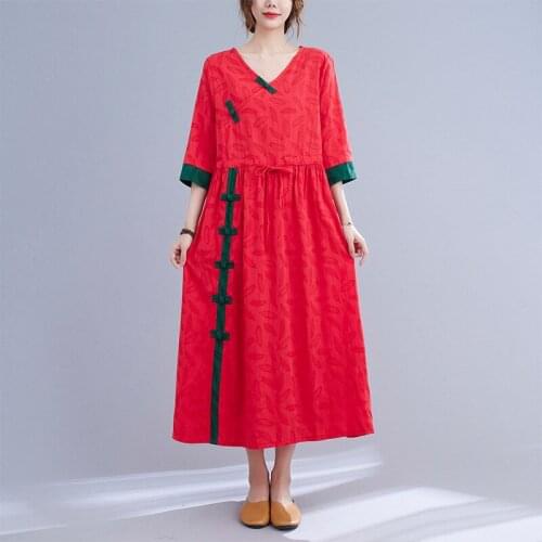 QPFJQD Ladies V-Neck Half Sleeve Button Belt Long Dress 2021 New Summer Woman Embroidery Chinese Style Dresses Cotton Linen