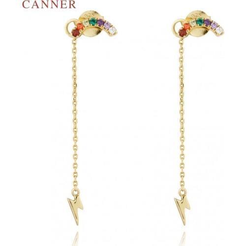 CANNER Long Dangle Tassel Earings for Women Rainbow Zircon Lightning Drop Earrings 925 Silver Chain Earrings 2019 Jewelry C40