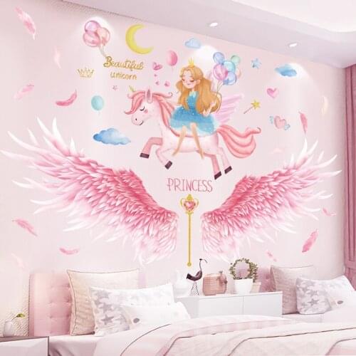 [shijuekongjian] Girl Unicorn Wall Stickers DIY Pink Feathers Wings Wall Decals for Kids Bedroom Baby Room House Decoration