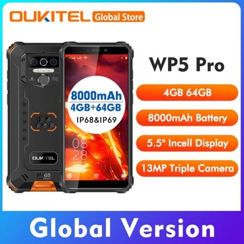 OUKITEL WP5 Pro 5.5 inches 4GB 64GB IP68 Waterproof Smartphone 8000mAh Android 10 Triple Camera Face/Fingerprint ID Mobile Phone