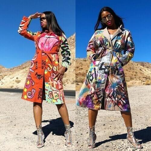 2021 Spring Winter Trench Coat With Sashes Tie Dye Letter Print Windbreaker Streetwear Long Sleeve Turn Down Collar Button Coat