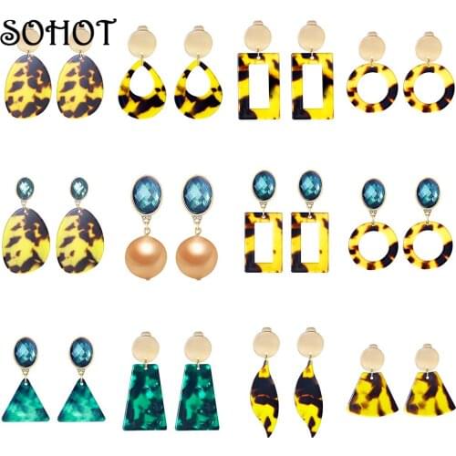 SOHOT Vintage Hot Sale Acrylic Women Acetic Acid Tortoiseshell Drop Earrings Charming Geometric Shape For European Lady Brincos