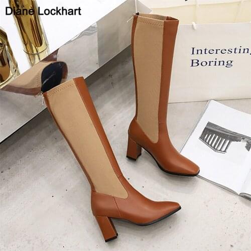 Fashion Woman Boots Square Heel Knee-High Classic Square Toe Boots PU Leather Slip-on Boots Party Dress Dance Shoes Botas mujer