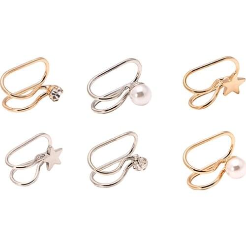 2pcs Women Simple U-shaped Ear Clip Single Diamond Star Pearl Shape Clip Earrings Korean Temperament Gold/Silver Earwear Jewelry