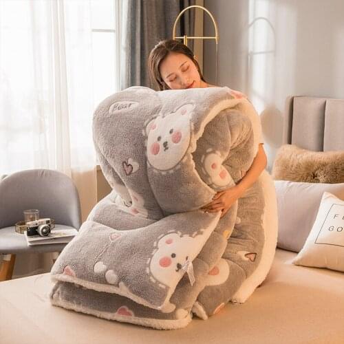 Hot Sale Thicken Winter Flannel Comforter Imitate Lambs Wool Warm Bed Duvet AB Side Camel Patchwork Quilts Home Textile