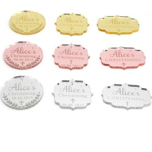 12 Pieces Personalized Chocolate Bars Plaque Rose Gold Mirror Baby Girl Shower / Christening & Baptism Cross Favor Decorations