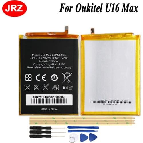 JRZ For Oukitel U16 Max Phone Battery 4000mAh For Oukitel U16 Max Hight Capacity 3.8V Top Quality Replacement Batteries +Tools