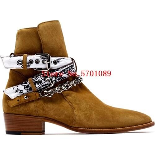 Genuine Suede Leather Western Chain Boots Buckle Wyatt 30 Bandana Chelsea Boots Rock Roll Jodphur Western Cowboy Boots Shoes