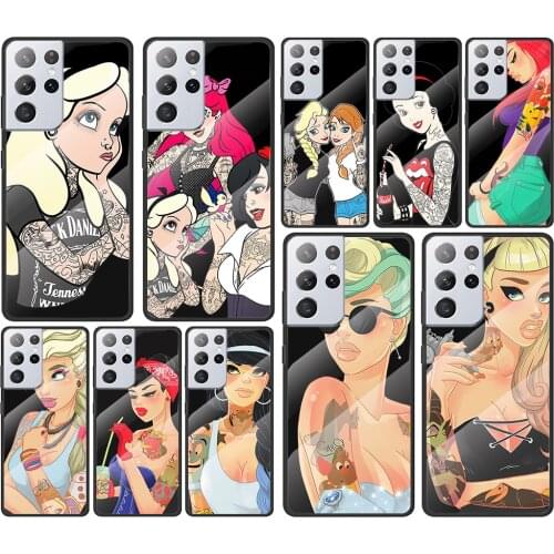 Tattoo Princess for Samsung Galaxy S21 Ultra Plus A72 A52 4G 5G M51 M31 M21 Luxury Tempered Glass Phone Case Cover