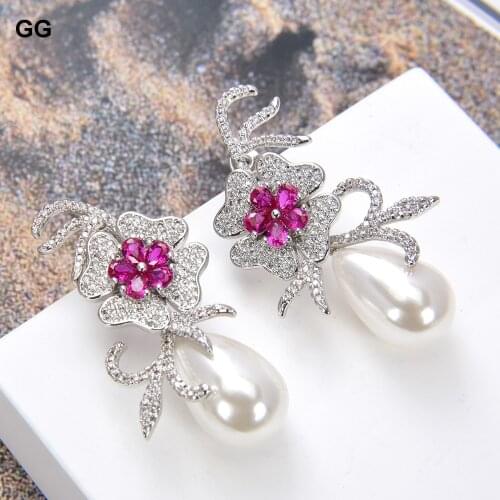 GuaiGuai Jewelry Teardrop White Sea Shell Pearl red Cz Pave Flower Stud Earrings