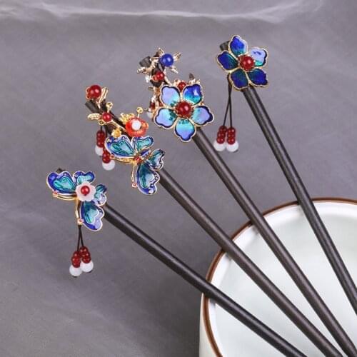 Hanfu Hairpin Ancient Style Hair Ornaments Wooden Hairpin Shaking Tassel Hairpin Cloisonne Butterfly Headdress