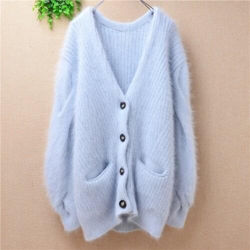 Sweet sky blue female women hairy plush mink cashmere knitted v-neck loose cardigans angora rabbit hair jacket coat sweater pull