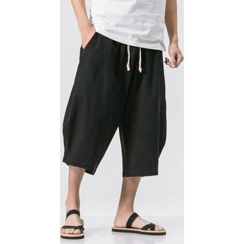 Chinese Style Summer Men Linen Pants 2021 Men Wide Leg Trousers Male Drop Crotch HipHop Man Joggers Calf-Length Pants Track Pant