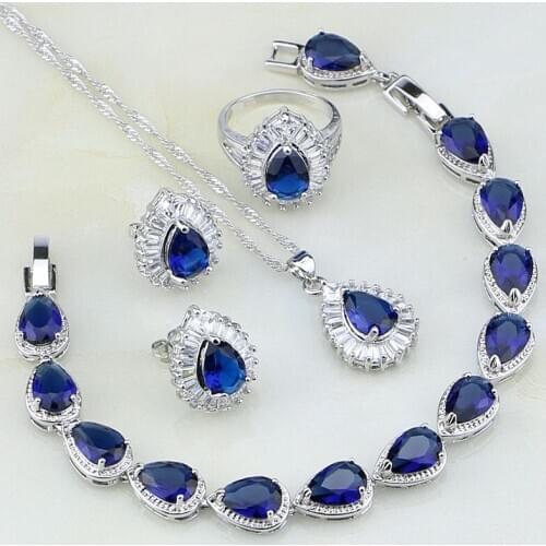 Classic 925 Silver Blue CZ Jewelry White Cubic Zirconia Jewelry Sets For Women Wedding Earring/Pendant/Necklace/Bracelet/Ring