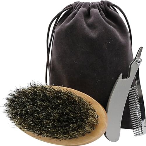 Best Gift For Men Facial Cleaning Brush Boar Bristle Beard Brush And Fordable Comb Set