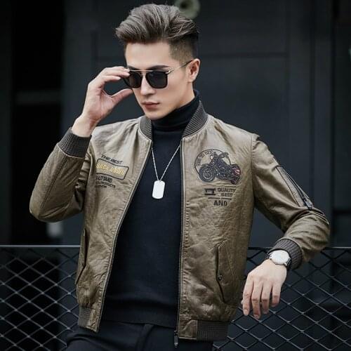 New high quality Genuine Leather Mens Slim Jacket Sheepskin Baseball jacket men Casual embroidery bomber jacket