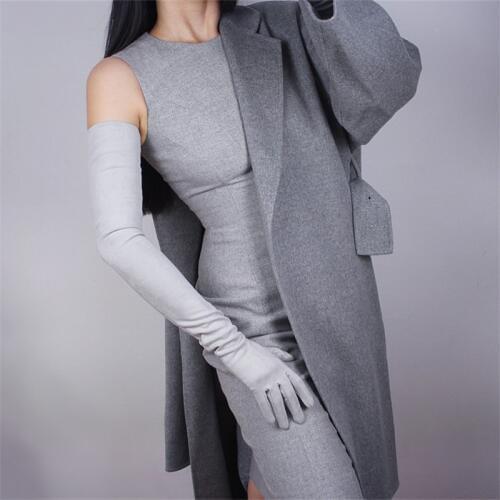 70cm Extra Long Gloves Long Section Suede Leather Scrub Emulation Leather Light Grey Silver Grey Female Suede Gloves WJP19