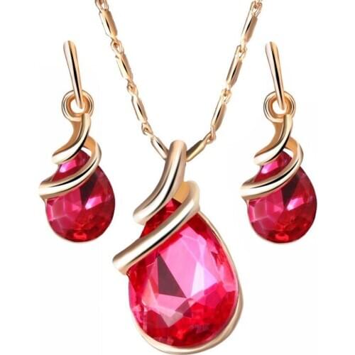 Eerring Necklace wedding Jewelry sets 3 color crystal Water drop shape pendant setting alloy accessory gold metal plated chain