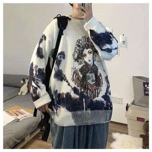Sweater Autumn Chinese style printing and dyeing Pullover Sweater mens loose sweater men