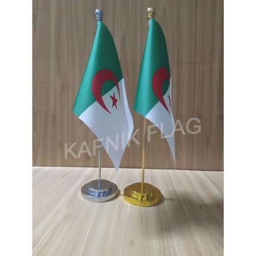 KAFNIK,Algeria Office table desk flag with gold or silver metal flagpole base 14*21cm country flag free shipping
