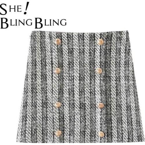 SheBlingBling Za Women Autumn Winter Tweed Woolen Metal Buttons Detail Zipper Back Casual High Waist A-Line Mini Plaid Skirts