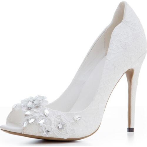 Spring Women Floral White Lace Women Rhinestone Flowers Peep toe Pumps Slip on Female Single High heels Wedding Shoes