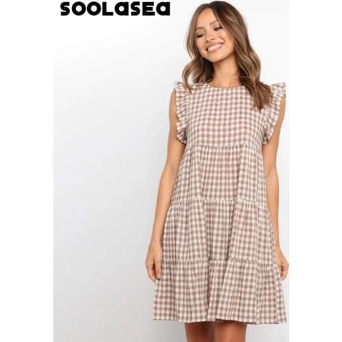 Soolasea Female Plaid Dress Fashion Solid Ruffled High-waist Sleeveless Summer Women Mini Dress New Sweet Basic Dress Vestidos