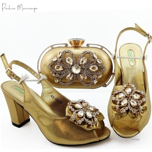 2020 Lastest African Nigerian Rhinestone Style Italian Design Fashion Ladies Shoes and Bag Set in Gold Color for Party