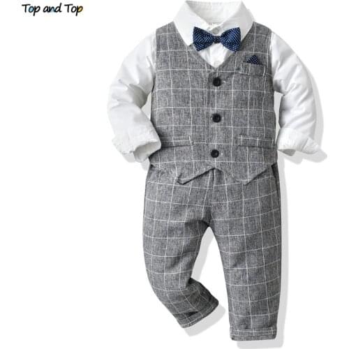 Top and top Boys Casual Clothing Sets Kids Formal Outfit Long Sleeve White Bowtie Shirt+Plaid Vest+Pants 3Pcs Boy Suits Wedding