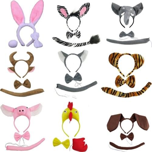 9 Pack Animal Ear Headbands Plush Tail Bow Tie Costume Set Halloween Christmas Birthday Party Bunny Dog Pig Giraffe Tiger Wolf