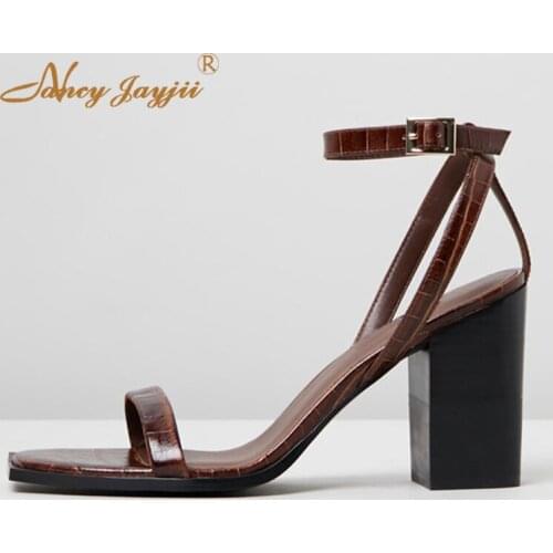 Brown Crocodile Print High Chunky Heels Ankle Strap Sandals Woman Soft Leather Large Size 12 14 For Ladies Shoes Fashion Party