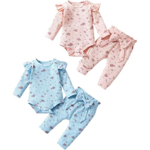 2021 Spring Autumn Casual Baby Girls Two-piece Clothes Set, Floral Printed Pattern Romper and Elastic Waist Pants, Blue/ Pink
