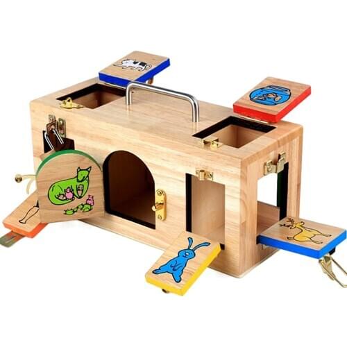 Children Montessori Wooden Colorful Lock Box Teaching Tool Kids Boys Girls