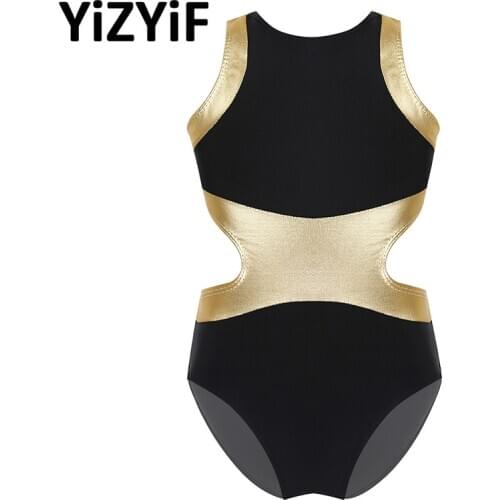 Kids Gymnastic Leotard Tutu Ballet Leotards for Girls Sleeveless Metallic Splice Back & Side Waist Cutouts Ballet Dance clothes