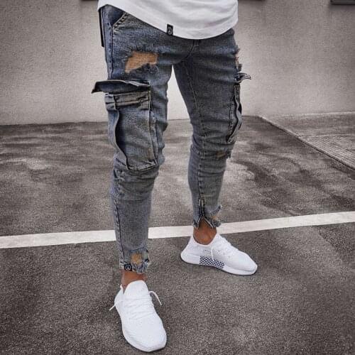 Mens Skinny Jeans Trend Knee Hole Zipper Pocket Denim Biker Jeans Hip Hop Distressed Slim Elastic Jeans Washed Jeans