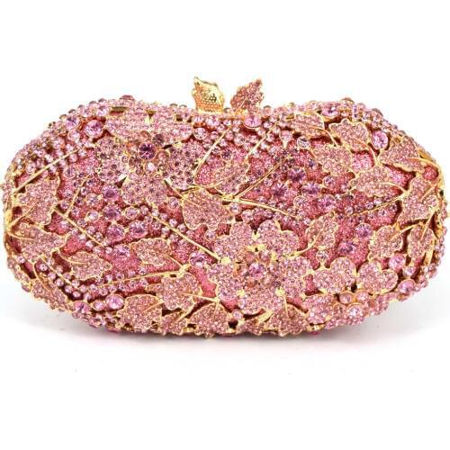 New Women Evening Bag Dazzling Flower Laminated Leaves Crystal Rhinestones Wedding Cocktail Party Handbags Clutch Wallet 88240