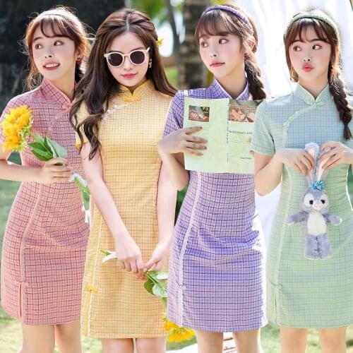 Sexy Women Plaid Qipao Vintage Mini Button Evening Party Dress Chinese Style Girl Cheongsam Classic Print Gowns Sexy Dress