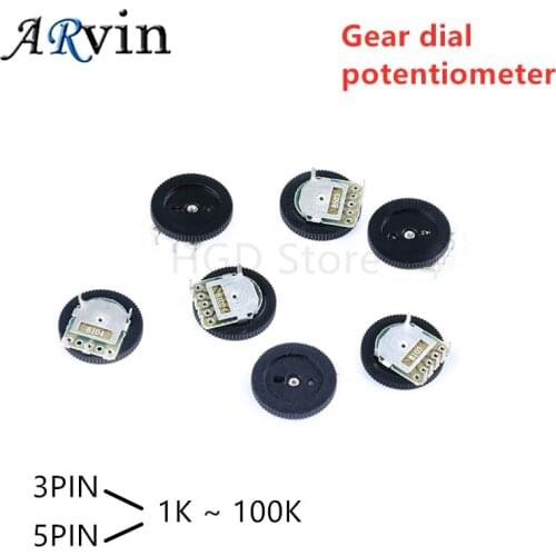 10pcs Double Gear Tuning Potentiometer B102 B103 B202 B203 B503 B1K B10K B20K B50K 100K 3Pin/5Pin 16*2mm Gear Dial Potentiometer