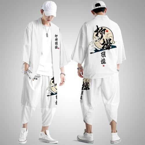 Chinese Style Casual Kimono White Print Streetwear And Pant Men Fashion Cardigan Harajuku Thin Robe Clothes