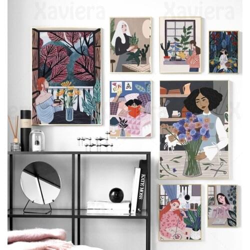 Retro Art Poster Girl Flower Arrangement Life Canvas Painting and Printmaking Nordic Aesthetic Picture Home Decor Girl Bedroom