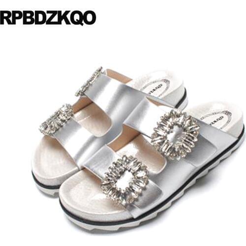 Sandals Slipper Jewel Diamond Rhinestone Slides Famous Brand Flat Crystal Burgundy Satin Designer Shoes Women Luxury 2017 Silver