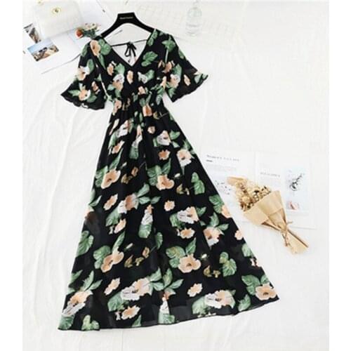 Chiffon Summer Long Dress Vintage Floral Sexy V-neck Ruffle Boho Dresses Elegant Women Party Short sleeve Dress Vestidos 94