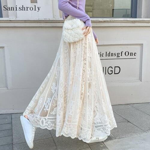 Hot Autumn Hook Flower Lace Skirt Womens Elastic High Waist Tutu Pleated Mesh Skirts Ladies Streetwear Large Hem Long Maxi Skirt