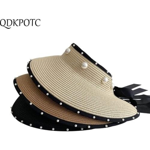 2021 Hat New Summer Empty Top Pearl Women Sun Hats Fashion Straw Big Eaves Cycling Seaside Sun Protection Shading Cap QDKPOTC